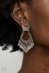 Paparazzi Summery Gardens - Brown Clip-On Earrings - Infused with a silver beaded fringe, an ornate floral embellished frame attaches to a brown beaded frame for a whimsically stacked look. Earring attaches to a standard clip-on fitting.