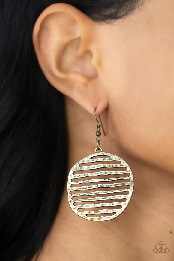 Paparazzi Sunrise Stunner - Brass Earrings - Brushed in an antiqued brass finish, lightly hammered bars stack inside an airy circular frame, creating a wavy rustic lure. Earring attaches to a standard fishhook fitting.
