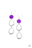 Paparazzi Surfside Shimmer - Purple Earrings - A pearly purple shell disc anchors to two shiny hammered silver asymmetrical hoops as they dangle from the ear creating a dazzling lure. Earring attaches to a standard fishhook fitting.