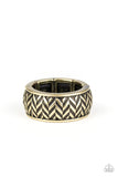 Paparazzi Survival Skills - Brass Ring - Brushed in an antiqued finish, stacked rows of chevron-like patterns are etched and embossed across a thick brass band for a tactile look. Features a stretchy band for a flexible fit.