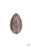 Paparazzi TRIBAL And Tribulation - Copper Ring - Radiating with studded filigree, an ornate copper oval folds around the finger for a bold tribal look. Features a stretchy band for a flexible fit.
