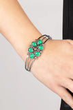 Paparazzi Taj Mahal Meadow - Green Bracelet - A whimsical collection of glassy Leprechaun teardrop beads, dainty silver studs, and silver floral accents coalesce into a colorful centerpiece atop a layered silver cuff.