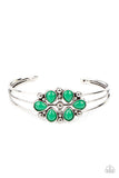 Paparazzi Taj Mahal Meadow - Green Bracelet - A whimsical collection of glassy Leprechaun teardrop beads, dainty silver studs, and silver floral accents coalesce into a colorful centerpiece atop a layered silver cuff.