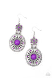 Paparazzi Temple Of The Sun - Purple Earrings - Dotted with bubbly purple beaded accents, two silver frames that have been stenciled in airy sunburst patterns that delicately link into a colorful tribal inspired lure. Earring attaches to a standard fishhook fitting.
