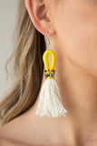 Paparazzi The Dustup - Yellow Earrings - A tassel of soft white cotton fans out under rows of brightly colored seed beads. Anchored by a loop of vibrant yellow floss, the eye-catching style swings from the ear for a show-stopping statement. Earring attaches to a standard fishhook fitting.