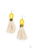 Paparazzi The Dustup - Yellow Earrings - A tassel of soft white cotton fans out under rows of brightly colored seed beads. Anchored by a loop of vibrant yellow floss, the eye-catching style swings from the ear for a show-stopping statement. Earring attaches to a standard fishhook fitting.