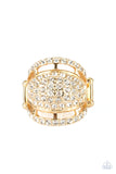 Paparazzi The Seven FIGURE Itch - Gold Ring - Encrusted in row after row of blinding white rhinestones, two dainty gold bands flank a thick gold band for a statement-making look. Features a stretchy band for a flexible fit.