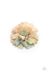 Paparazzi Tie Dyed Eden - Orange Hair Clip - Featuring orange, blue, green, and gray tie dyed accents, scalloped petals gather in a colorful flower. Features a standard hair clip on the back.