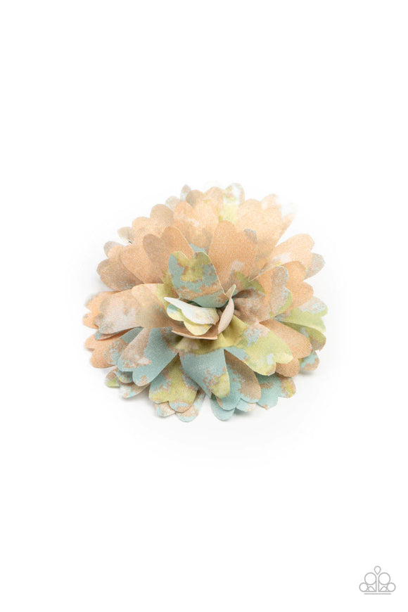 Paparazzi Tie Dyed Eden - Orange Hair Clip - Featuring orange, blue, green, and gray tie dyed accents, scalloped petals gather in a colorful flower. Features a standard hair clip on the back.
