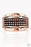 Paparazzi Trailblazin Trails - Copper Ring - Delicately hammered in shimmering detail, two copper bands flank rows of smooth and dotted bands for a collision of glistening textures. Features a stretchy band for a flexible fit.