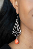 Paparazzi Transcendent Trendsetter - Orange Earrings - A refreshing orange teardrop stone swings from the bottom of an ornate triangular frame, creating a seasonal statement. Earring attaches to a standard fishhook fitting.