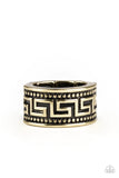 Paparazzi Tycoon Tribe - Brass Ring - A thick brass band is studded and embossed in a tribal-inspired pattern for an edgy look. Features a stretchy band for a flexible fit.