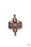 Paparazzi Westward Expansion - Copper Ring - An antiqued copper flower frame is flanked by two decorative copper teardrop frames, creating a rustic centerpiece atop three textured copper bands. Features a stretchy band for a flexible fit.