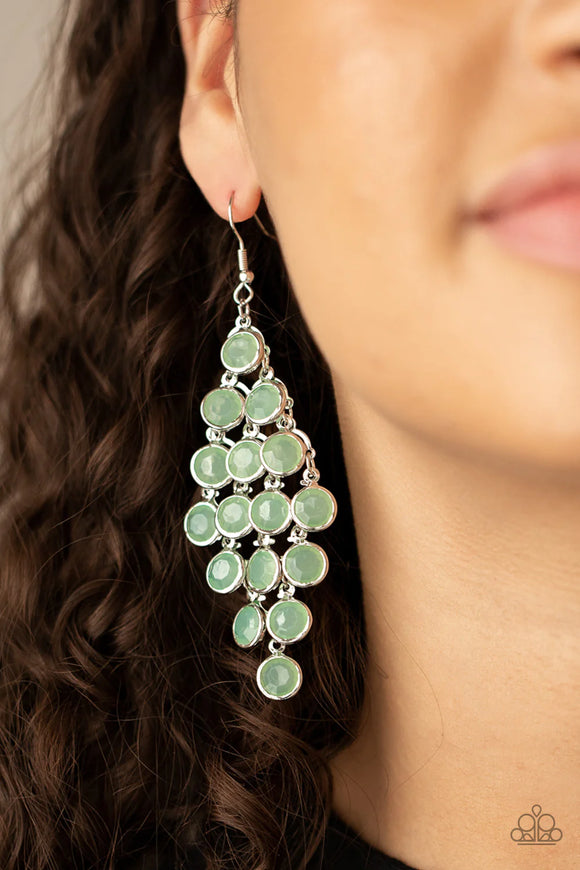 Paparazzi With All DEW Respect - Green Earrings - Encased in sleek silver fittings, a crystal-like collection of Green Ash gems trickle from a silver netted backdrop, creating a dewy display. Earring attaches to a standard fishhook fitting.
