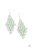 Paparazzi With All DEW Respect - Green Earrings - Encased in sleek silver fittings, a crystal-like collection of Green Ash gems trickle from a silver netted backdrop, creating a dewy display. Earring attaches to a standard fishhook fitting.
