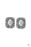 Paparazzi Young Money - Silver Earrings - An oval hematite gem is pressed into a square silver frame radiating with glittery hematite rhinestones and triangular patterns for an edgy refinement. Earring attaches to a standard post fitting.