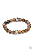 Paparazzi ZEN Commandments - Brown Bracelet - Infused with textured silver accents, an earthy collection of tiger's eye stones are threaded along a stretchy band around the wrist for a seasonal fashion.