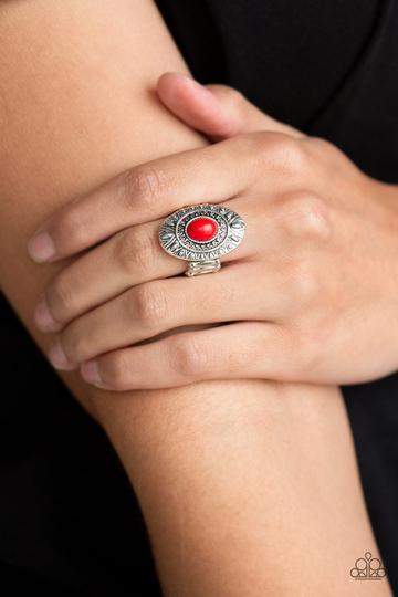 Paparazzi Stone Fox - Red A fiery red stone is pressed into the center of a silver frame radiating with tribal inspired textures for a seasonal look. Features a stretchy band for a flexible fit.
