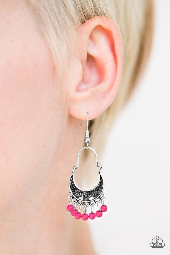 Paparazzi Hopelessly Houston - Pink Painted in the vivacious hue of Love Potion, dainty pink beads swing from the bottom of a crescent shaped frame, creating a flirty fringe. Earring attaches to a standard fishhook fitting.

