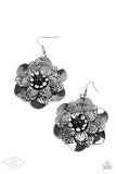 Paparazzi Midnight Garden - Black Gunmetal - Earrings  -  Sleek gunmetal petals with a variety of textures are layered to create a dramatic flower. A single black bead bordered by a ring of rhinestones anchors the design while adding unmatched sparkle. Earring attaches to a standard fishhook fitting.