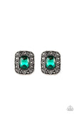 Paparazzi Young Money - Green - Earrings  -  An oval green gem is pressed into a square silver frame radiating with glittery hematite rhinestones and triangular patterns for an edgy refinement. Earring attaches to a standard post fitting.
