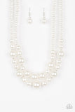 Paparazzi The More The Modest - White - Necklace  -  Infused with dainty silver accents, classic white pearls layer below the collar in a timeless fashion. Features an adjustable clasp closure.
