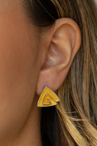 Paparazzi On Blast - Yellow - Earrings  -  Painted in a rustic yellow finish, a triangular silver frame folds into a dainty frame for a trendy look. Earring attaches to a standard post fitting.
