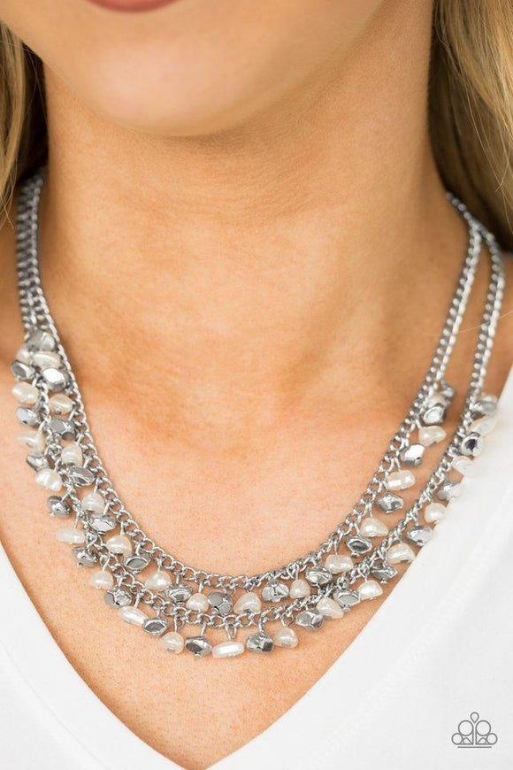 Paparazzi Majestic Marinas - White Faceted silver and pearly white beads swing from the bottom of two silver chains, creating a refined fringe below the collar. Features an adjustable clasp closure.

