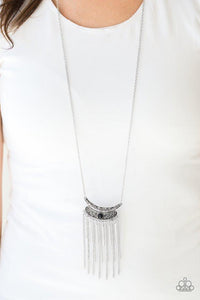 Paparazzi Take ZEN - Black Embossed in vine-like patterns, a stacked silver pendant gives way to a shimmery silver fringe. Infused with an elongated silver chain, a dainty black bead is pressed into the center of the antiqued pendant for a colorful finish. Features an adjustable clasp closure.

