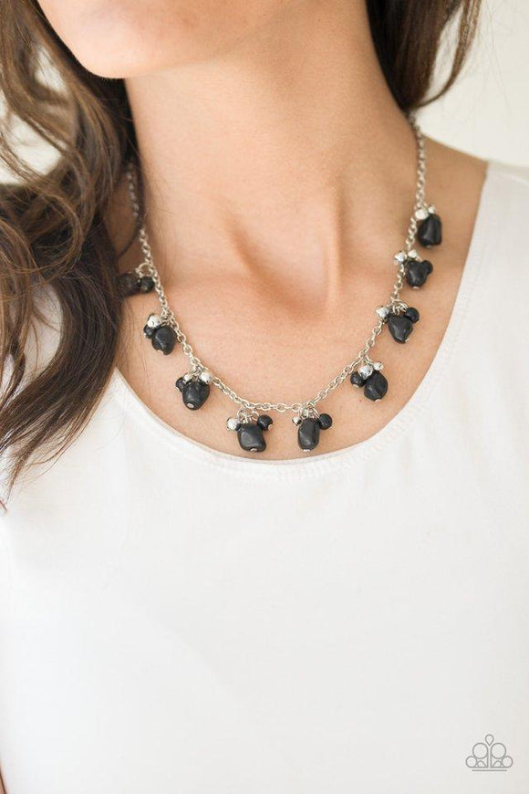 Paparazzi Rocky Mountain Magnificence - Black Varying in shape and size, shiny silver beads and earthy black stone beading swing from the bottom of a shimmery silver chain, creating a colorful fringe below the collar. Features an adjustable clasp closure.

