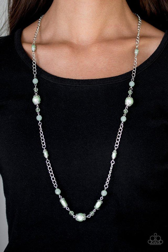 Paparazzi Magnificently Milan - Green Pearly green, faceted and opaque crystal-like beads trickle along an elegantly elongated silver chain for a refined look. Features an adjustable clasp closure.

