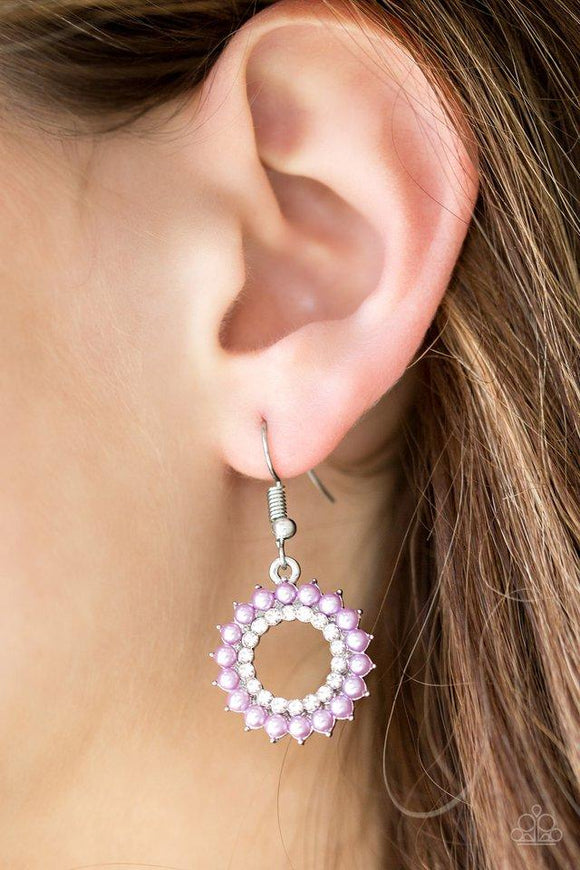 Paparazzi A Proper Lady - Purple Dainty purple pearls circle around a ring of radiant white rhinestones, creating an elegant frame. Earring attaches to a standard fishhook fitting.

