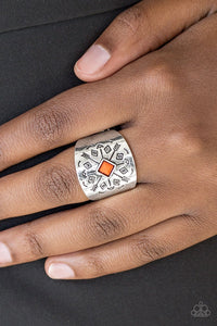 Paparazzi Here Today, Gone Tom-ARROW - Orange Stamped in arrow-like patterns, a thick silver band wraps across the finger. A faceted orange bead adorns the center of the band, adding a colorful finish to the tribal inspired palette. Features a stretchy band for a flexible fit.
