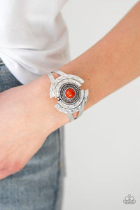 Paparazzi Incredibly Indie - Orange A refreshing orange bead is pressed into the center of a hammered and studded silver floral frame atop an antiqued cuff for a seasonal look.

