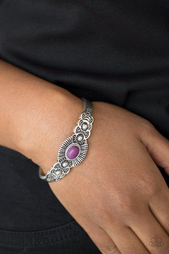 Paparazzi Wide Open Mesas - Purple Dotted with a vivacious purple stone center, a dainty silver cuff radiating with shimmery southwestern inspired detail curls around the wrist for a seasonal look.

