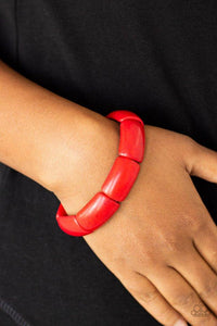 Paparazzi Peace Out - Red  -  Chiseled into smooth rectangular frames, fiery red stone pieces are threaded along stretchy bands and linked around the wrist for an earthy look.
