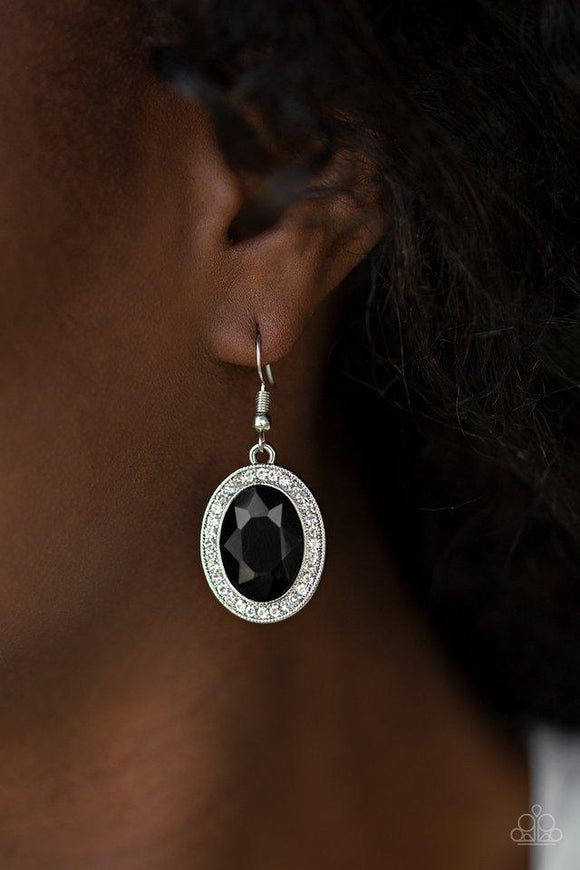 Paparazzi Only FAME In Town - Black An oversized black gem is pressed into the center of a silver frame radiating with glassy white rhinestones for a glamorous look. Earring attaches to a standard fishhook fitting.

