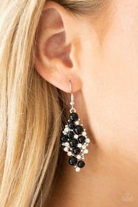 Paparazzi Famous Fashion - Black Shiny black beads, dainty silver studs, and radiant white rhinestones coalesce into an elegant lure. Earring attaches to a standard fishhook fitting.

