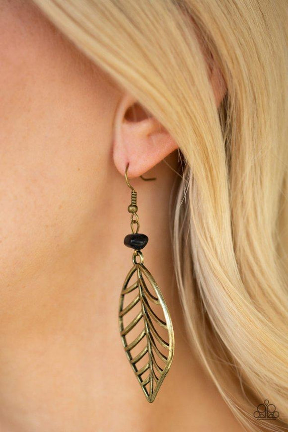 Paparazzi BOUGH Out - Brass An airy brass leaf swings from the bottom of an earthy black pebble, creating a seasonal lure. Earring attaches to a standard fishhook fitting.

