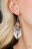 Paparazzi Mostly MonteZUMBA- Brown A polished brown bead is pressed into a diamond shaped frame radiating with tribal inspired details. Flared silver bars swing from the bottom of the ornate lure, creating a shiny fringe. Earring attaches to a standard fishhook fitting.

