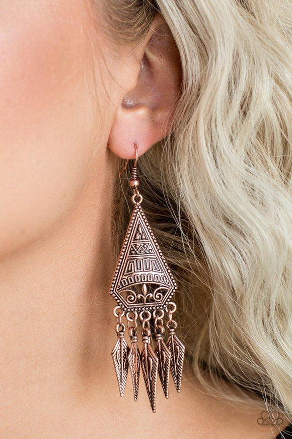 Paparazzi Me Oh MAYAN - Copper Embossed in tribal inspired patterns, a triangular frame gives way to shimmery copper feather-like frames, creating a free-spirited fringe. Earring attaches to a standard fishhook fitting.

