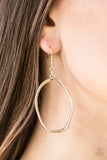 Paparazzi Eco Chic - Gold Brushed in a high-sheen finish, a delicately hammered gold hoop joins into an asymmetrical frame for a handcrafted look. Earring attaches to a standard fishhook fitting.

