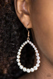 Paparazzi Rise and Sparkle! - Gold Gradually increasing in size near the center, bubbly white rhinestones encrust a shiny gold teardrop for a glamorous look. Earring attaches to a standard fishhook fitting.
