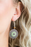 Paparazzi Honolulu Harmony - Green A dainty wooden bead gives way to a silver filigree filled frame radiating with green floral detail for a seasonal look. Earring attaches to a standard fishhook fitting.

