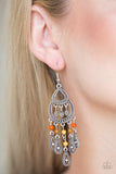 Paparazzi Eastern Excursion - Multi Dotted with robust multicolored beading, ornate silver teardrop frames swing from the bottom of a studded silver frame, creating a whimsical fringe. Earring attaches to a standard fishhook fitting.
