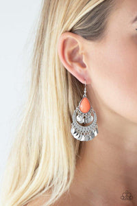 Paparazzi Bodaciously Boho - Orange A refreshing orange teardrop bead gives way to a shimmery silver crescent frame for a playful look. Shiny silver discs swing from the bottoms of both frames, creating a flirtatious double fringe. Earring attaches to a standard fishhook fitting.

