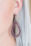 Paparazzi Mechanical Marvel - Pink - Earrings  -  Antiqued chain links spin around a row of glittery pink rhinestones, coalescing into an edgy silver teardrop. Earring attaches to a standard fishhook fitting.
