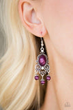Paparazzi I Better Get GLOWING - Purple Dotted silver filigree spins around a pearly purple bead and dainty white rhinestones, coalescing into a regal frame. A pearly fringe swings from the bottom of the frame for a refined finish. Earring attaches to a standard fishhook fitting.

