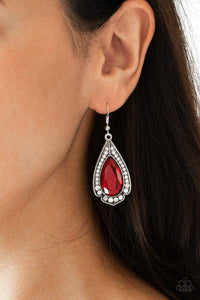 Paparazzi Superstar Stardom - Red Featuring a regal teardrop cut, a fiery red gem is pressed into a silver spade shape frame radiating with glassy white rhinestones for a refined look. Earring attaches to a standard fishhook fitting.
