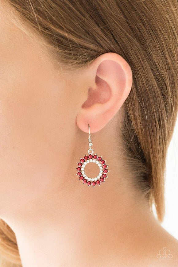 Paparazzi Wreathed in Radiance - Red Dainty red pearls spin around a radiant white rhinestone center, coalescing into a refined hoop. Earring attaches to a standard fishhook fitting.


